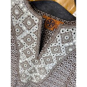 Tory Burch Linen Mirror Embellished Festive Tunic Top Size 14 Boho Chic Luxury